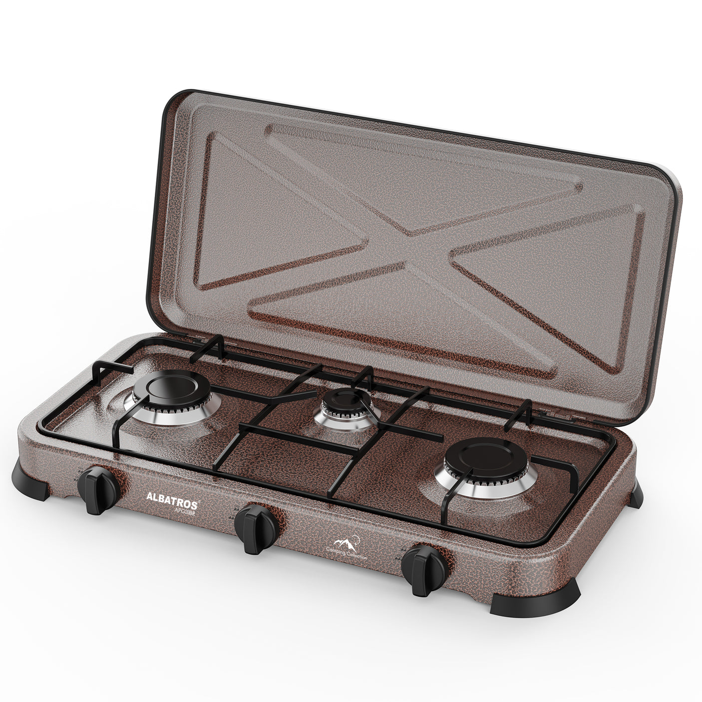 Plită pe gaz Albatros APG31BR - maro, poate fi utilizata doar in spatii exterioare, 3 arzatoare, putere 5,4 kW(2x2,2 kW + 1x1kW), suprafata emailata, montata pentru a fi utilizata cu gaz GPL(tip aragaz), gratar metalic emailat, butoane ergonomice, capac d