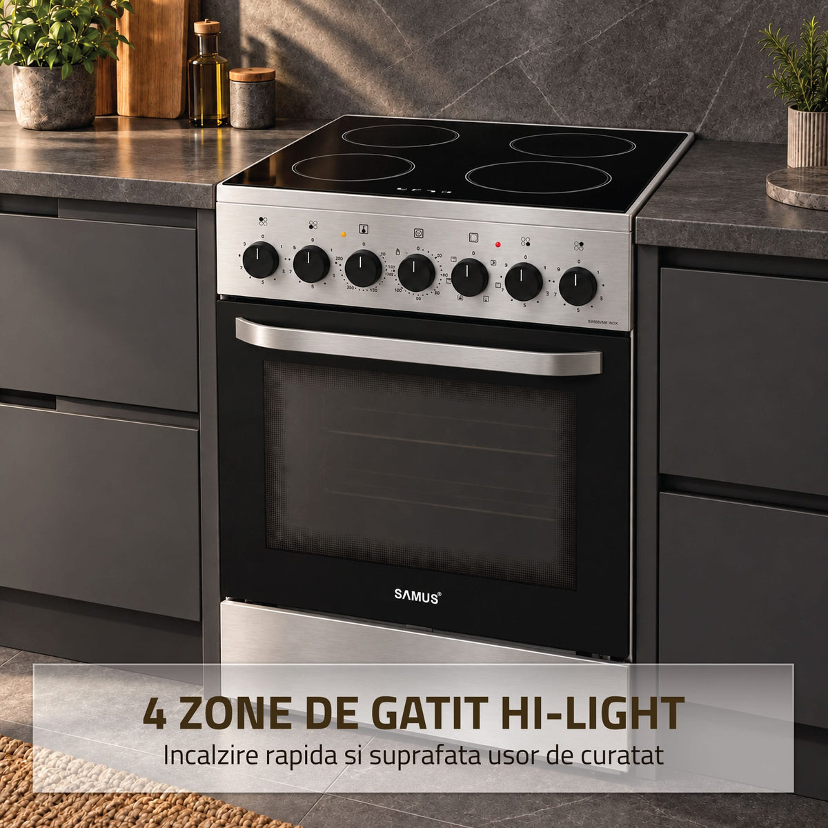 Samus Aragaz Aragaz Samus SM568VME INOX | 5 Arzatoare, Gaz, Cuptor Electric, Inox, 50x60x85cm