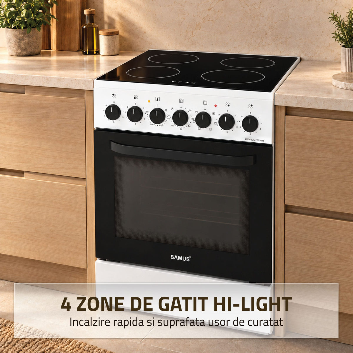 Samus Aragaz Aragaz Samus SM568VME WHITE | 4 Arzatoare, Gaz, Capac Sticla, Alb, 50x60x85cm