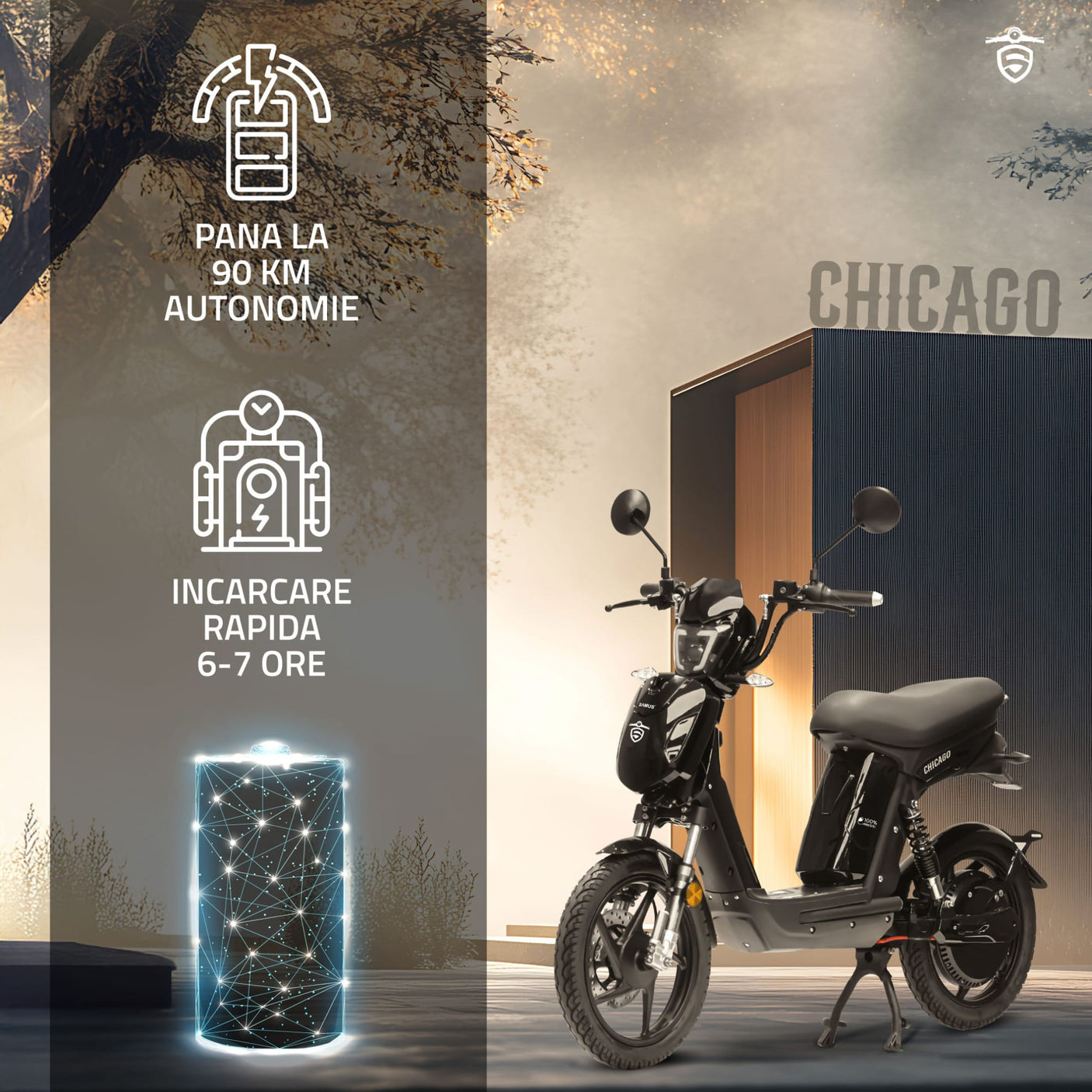 Samus Trotineta electrica Scuter electric Samus Chicago-18T800-48V26-Black | 48V, Motor 800W, 26Ah, Viteza max.: 25 Km/h,Negru