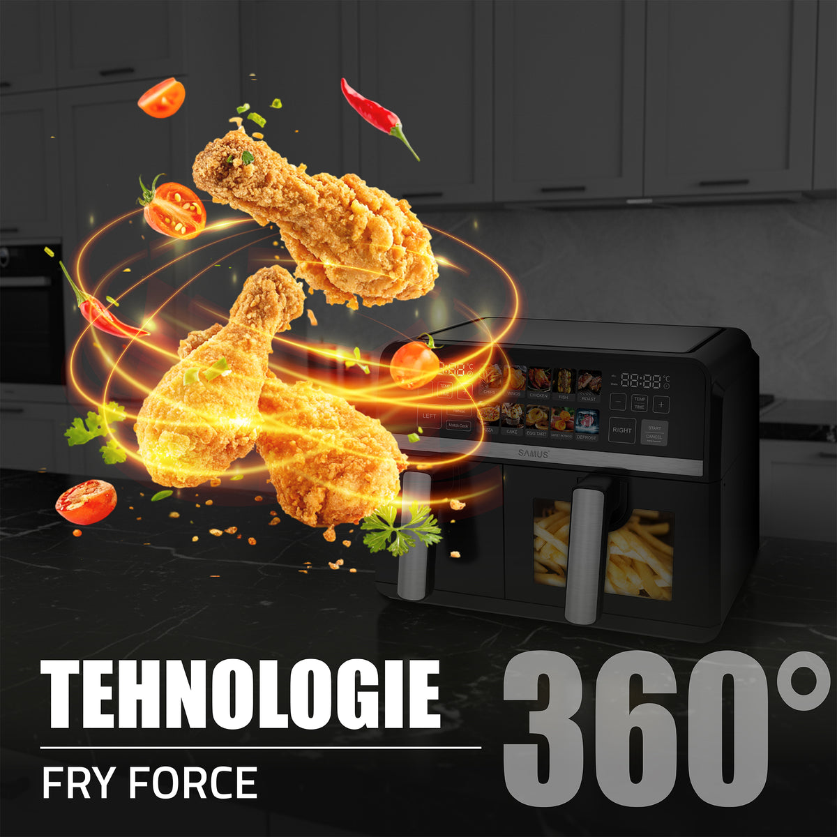 Air Fryer Samus AF9DUO-S2600DW | 2600W, 9L, Dual, 10 Programe, Negru