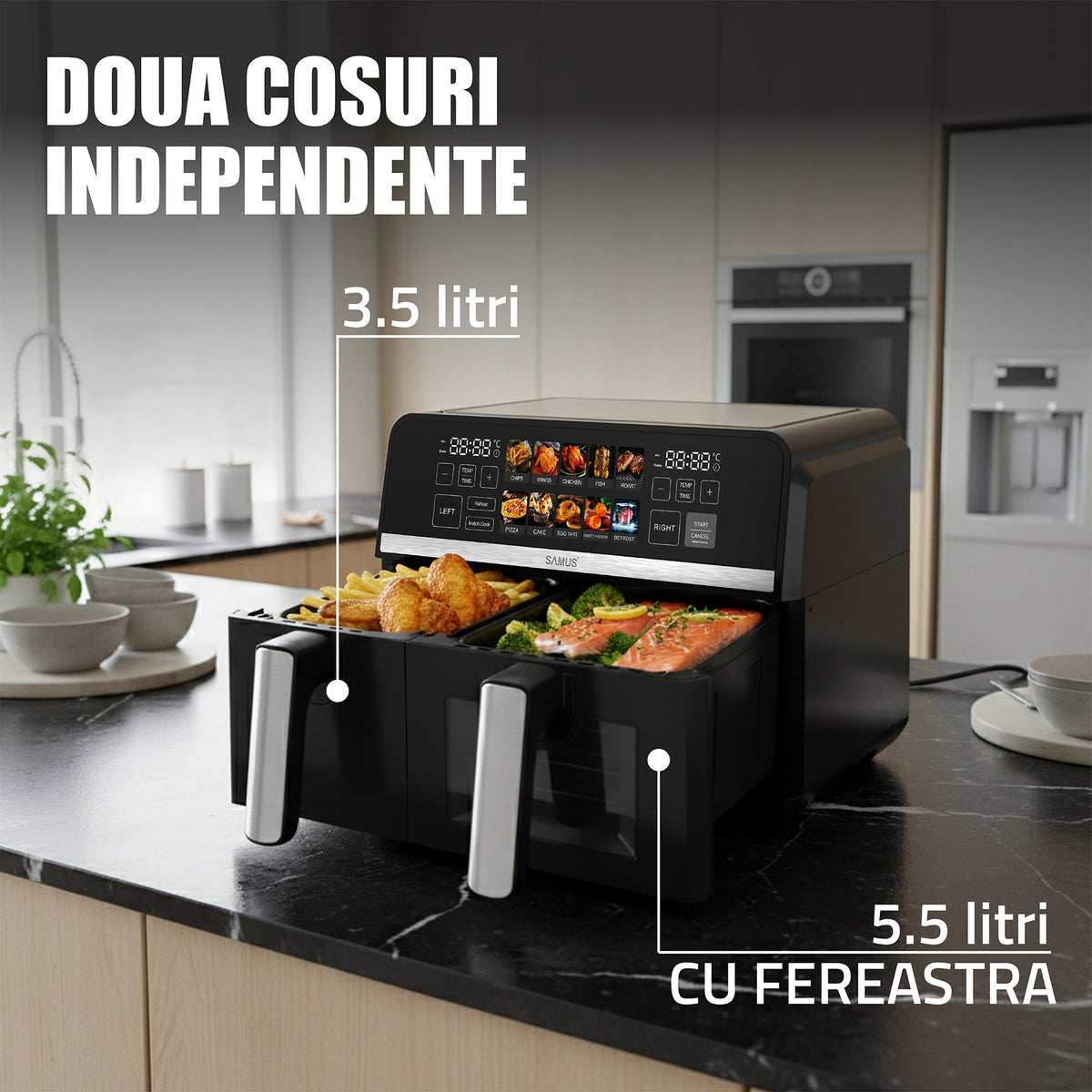 Air Fryer Samus AF9DUO-S2600DW | 2600W, 9L, Dual, 10 Programe, Negru