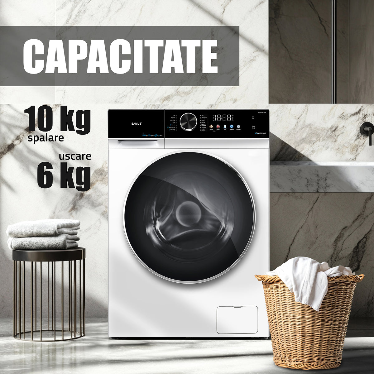Masina Spalat Rufe cu Uscator Samus WSDD10612IDM | 10kg, 1200 RPM, Clasa A(spalare), Clasa E (uscare) Inverter, Alb, 59.5x62.8x85cm