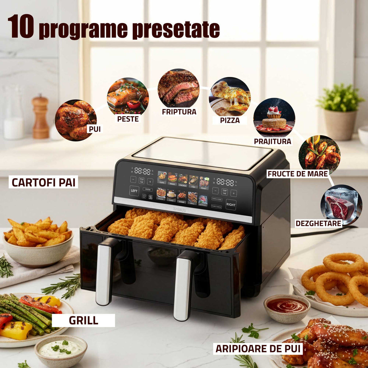 Air Fryer Samus AF9BIG-S2500DW | 2500W, 9L, 10 Programe, Negru