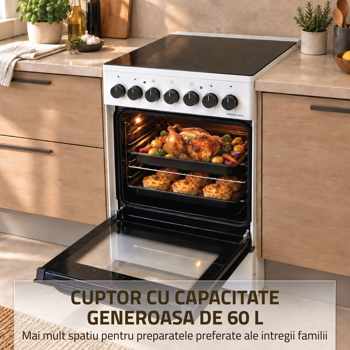 Samus Aragaz Aragaz Samus SM568VME WHITE | 4 Arzatoare, Gaz, Capac Sticla, Alb, 50x60x85cm