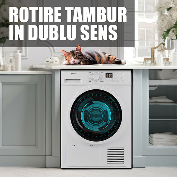 Uscator de Rufe Samus SGDP-924 | 9kg, Pompa de Caldura, 16 Programe, Clasa D, Alb, 60x60x85cm