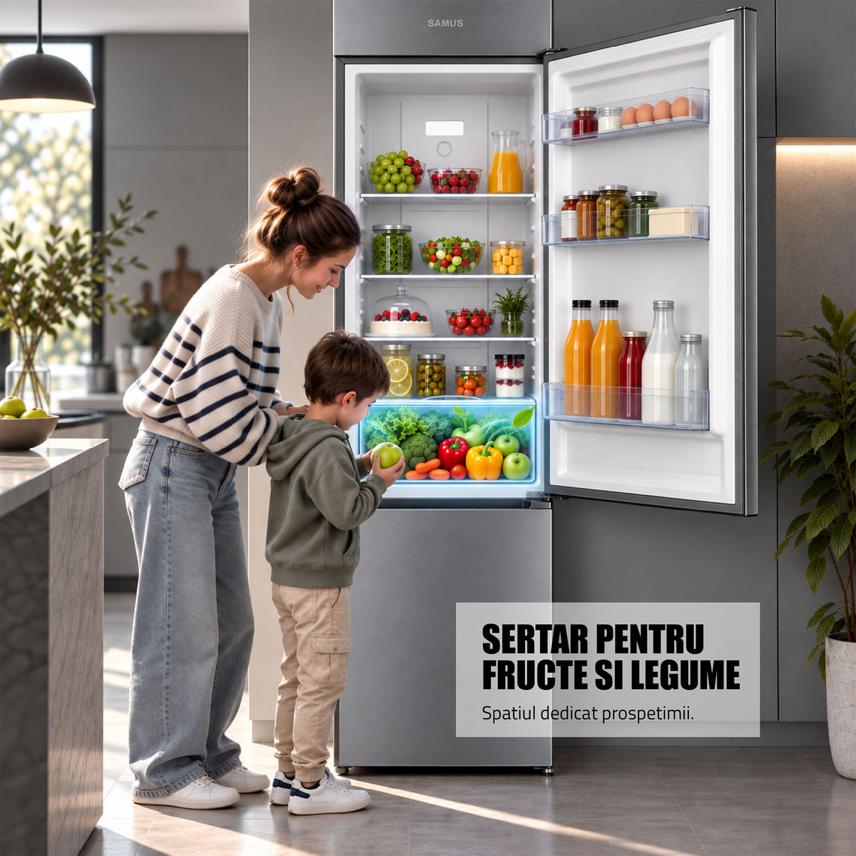 Combina Frigorifica Samus SCX358NFIE | 253L, No Frost, Clasa E, Negru, 57.7x62.2x188.5cm