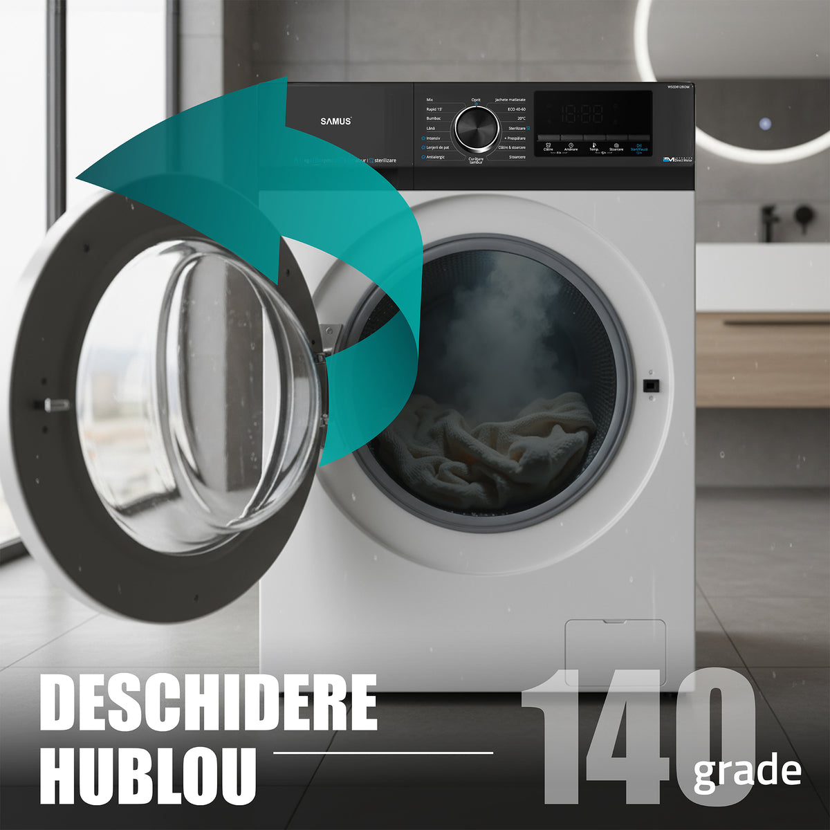 Mașină de Spălat Rufe Inverter Samus | 8kg, 1200 RPM, Clasa A, 16 programe, 59.5x56x85cm