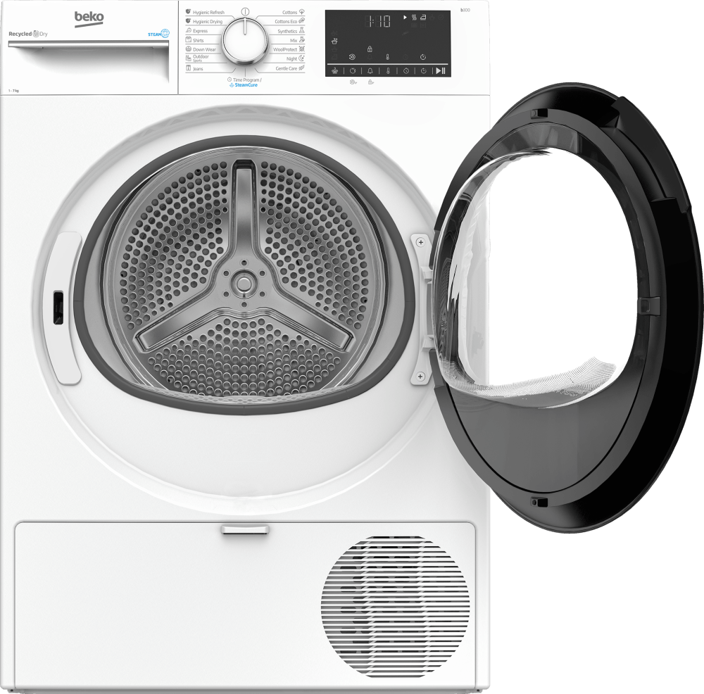 BEKO Uscator de rufe cu pompa de caldura Beko, 7 kg, Clasa C, 15 programe, motor ProSmartInverter, display, SteamCure, OptiSense, Alb