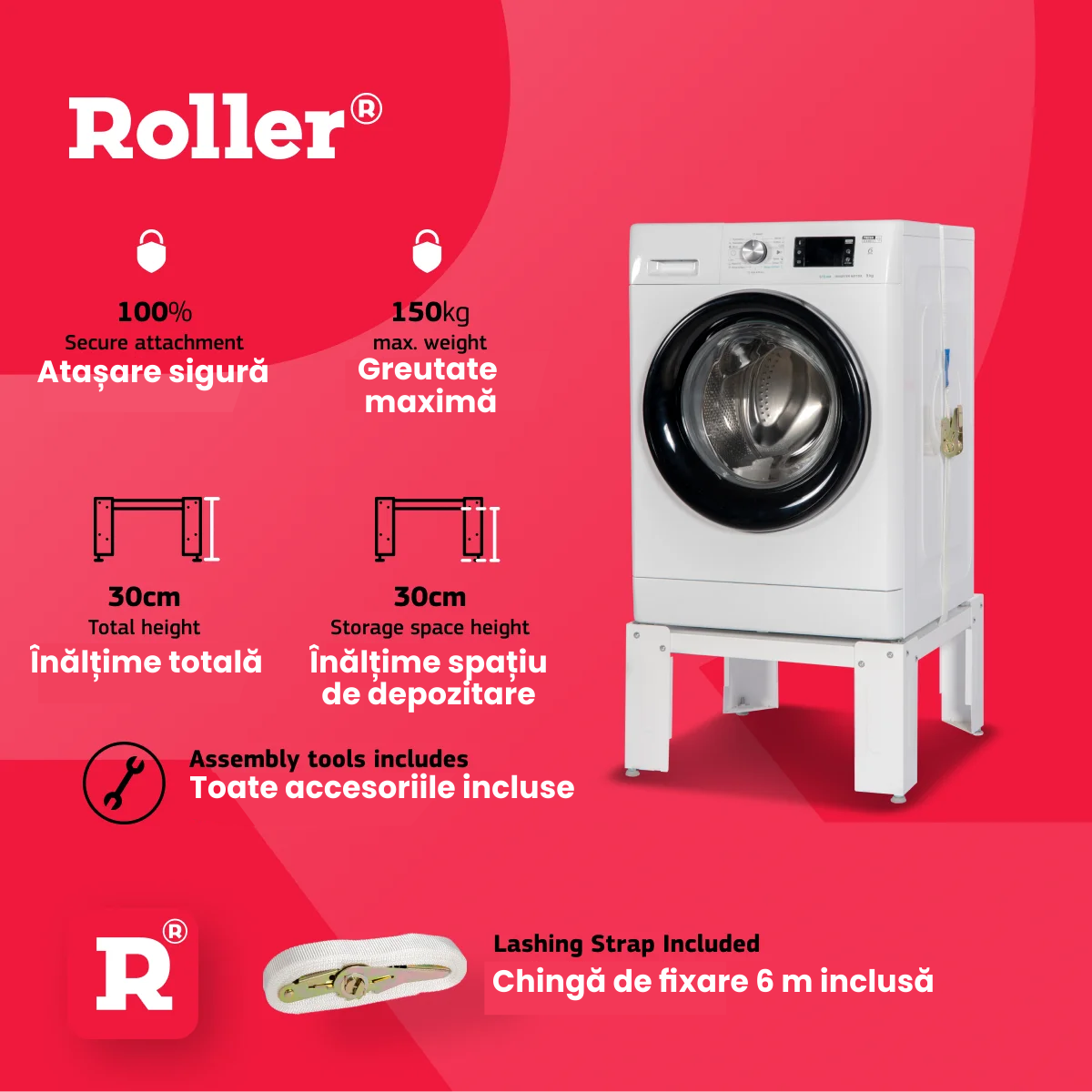 Piedestal Roller 00803 | Masina de Spalat/Uscator, 30 cm, 150 kg, Otel, Cu Raft