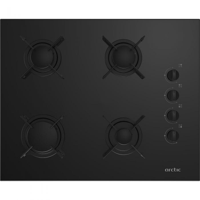Arctic Plita incorporabila Plita sticla pe gaz Arctic ARNGN64127SB, 65cm latime, control butoane lateral-culoare negru, 4 arzatoare cu eficienta ridicata, aprindere integrata, siguranta plita-Safety Plus, gratare Cross emailate, negru