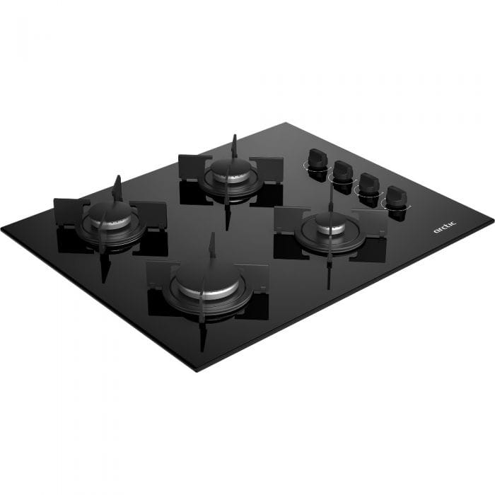 Arctic Plita incorporabila Plita sticla pe gaz Arctic ARNGN64127SB, 65cm latime, control butoane lateral-culoare negru, 4 arzatoare cu eficienta ridicata, aprindere integrata, siguranta plita-Safety Plus, gratare Cross emailate, negru