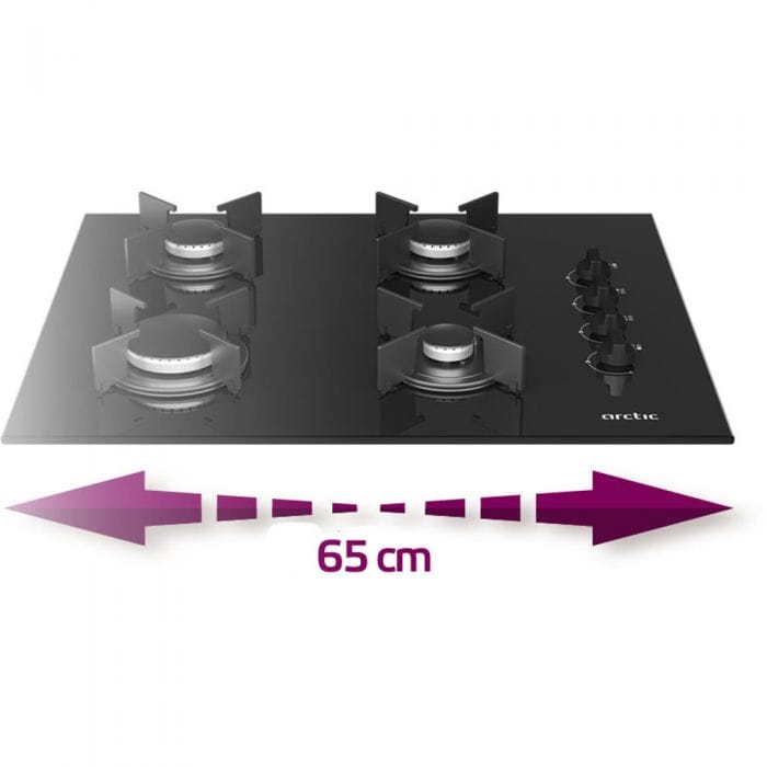 Arctic Plita incorporabila Plita sticla pe gaz Arctic ARNGN64127SB, 65cm latime, control butoane lateral-culoare negru, 4 arzatoare cu eficienta ridicata, aprindere integrata, siguranta plita-Safety Plus, gratare Cross emailate, negru
