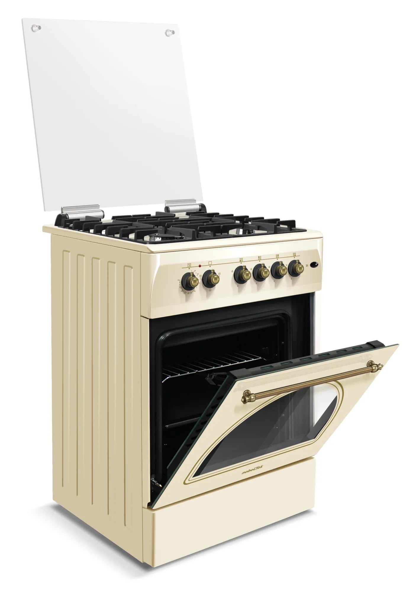 NobeLTek Cooking Aragaz rustic Nobeltek, 60x60, plita gaz, cuptor electric, aprindere electrica, iluminare cuptor, gratare fonta, echipat cu diuze GPL, diuze GN de schimb, bej
