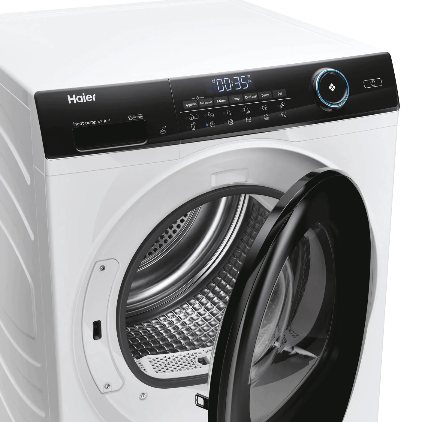HAIER Uscator de rufe Haier, Pompa de caldura cu compresor inverter, 8kg,clasa A+++, WIFI-app hOn, 11 programe +app, alba - usa neagra
