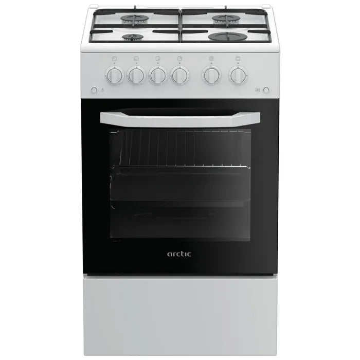 Arctic Aragaz Aragaz Arctic AGM5511DTTL, 4 arzatoare cu gaz, dispozitiv siguranta cuptor si plita, capac metalic, aprindere electrica, iluminare cuptor, grill gaz, timer mecanic, 85x50x50 (IxLxA, cm), tava emailata, gratar, alb