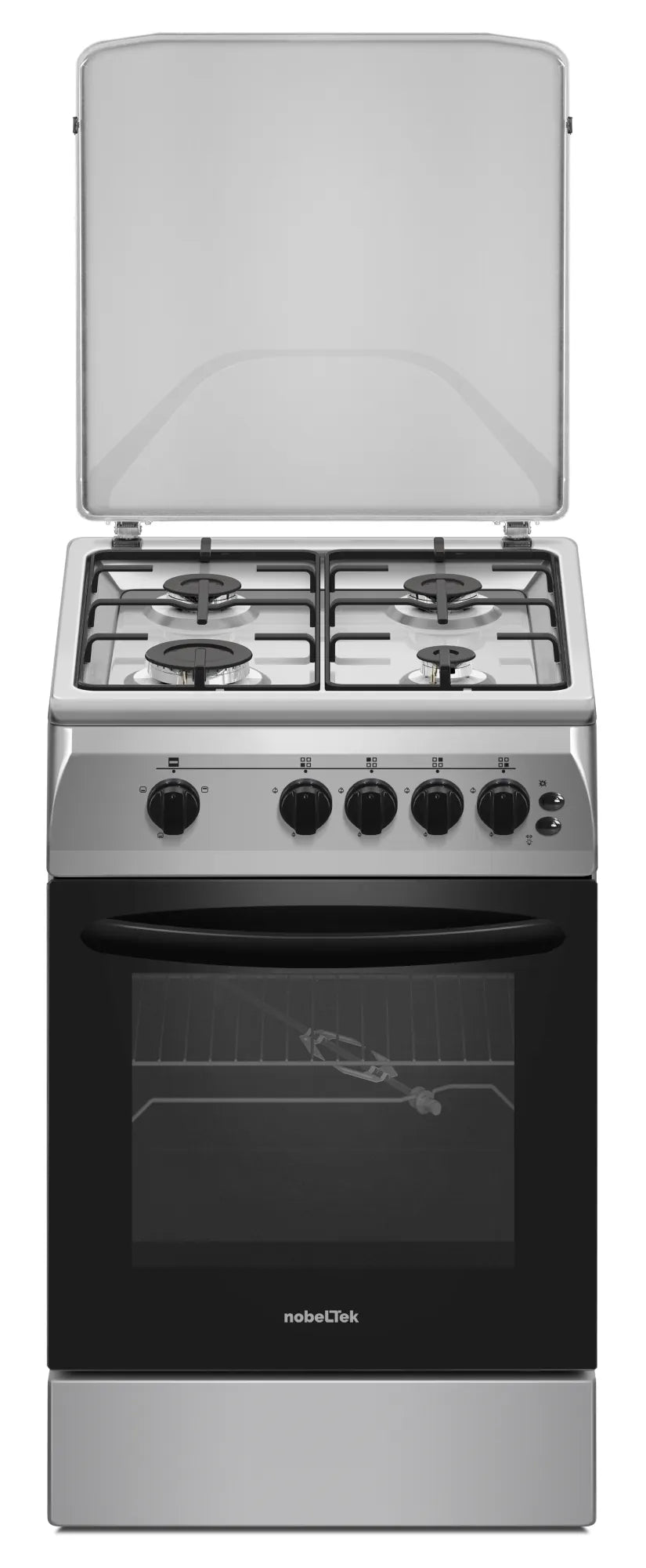 NobeLTek Cooking Aragaz Nobeltek, 50x60, plita si cuptor pe gaz, grill gaz, rotisor, aprindere electrica plita, iluminare cuptor, siguranta plita si cuptor, echipat cu diuze GN, diuze GPL de schimb, front si plita inox, laterale silver