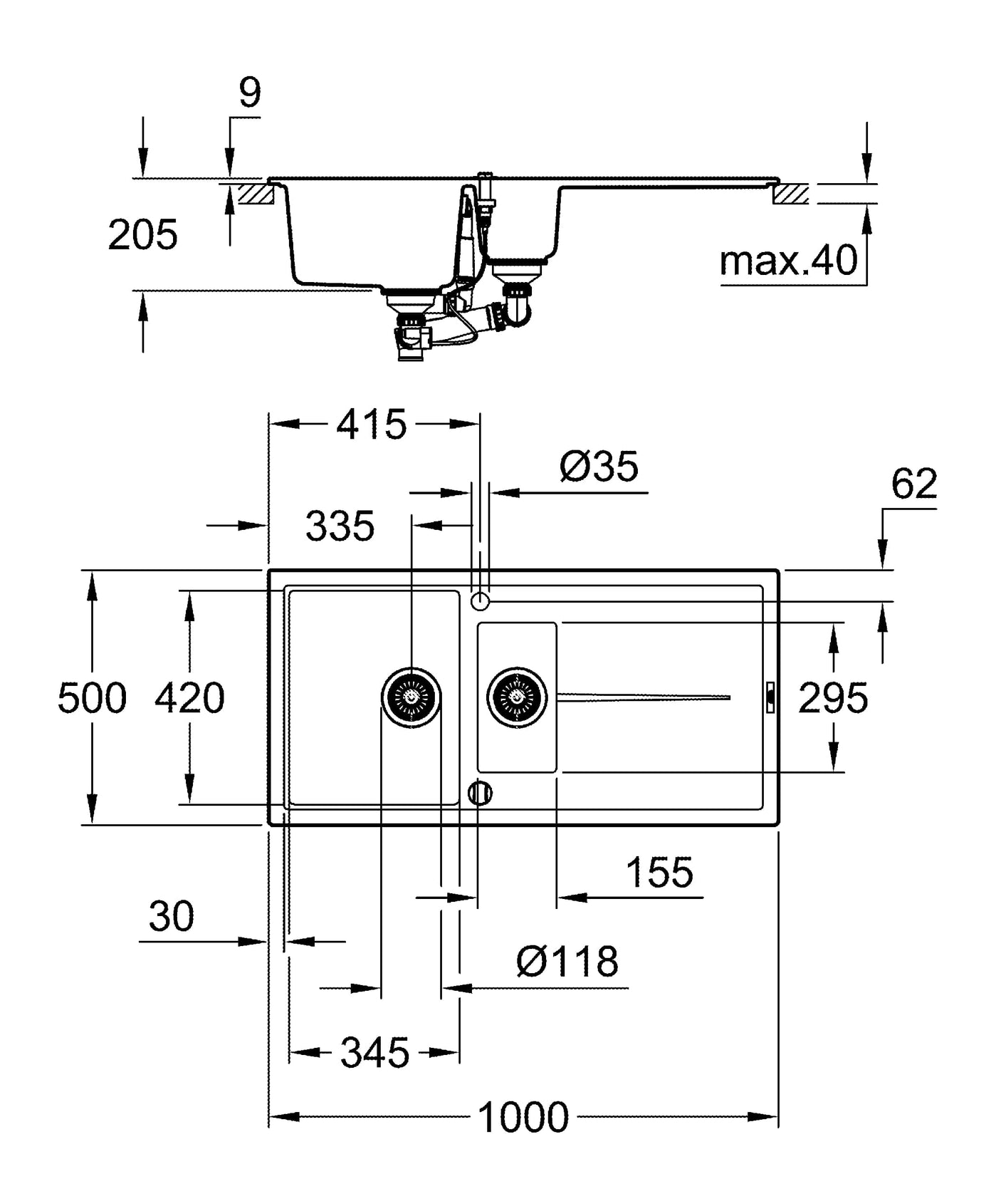 Grohe Chiuveta bucatarie Chiuveta Bucatarie Grohe K400 31642AP0 | 1000x500mm, 2 Boluri, Granite Black, Reversibil