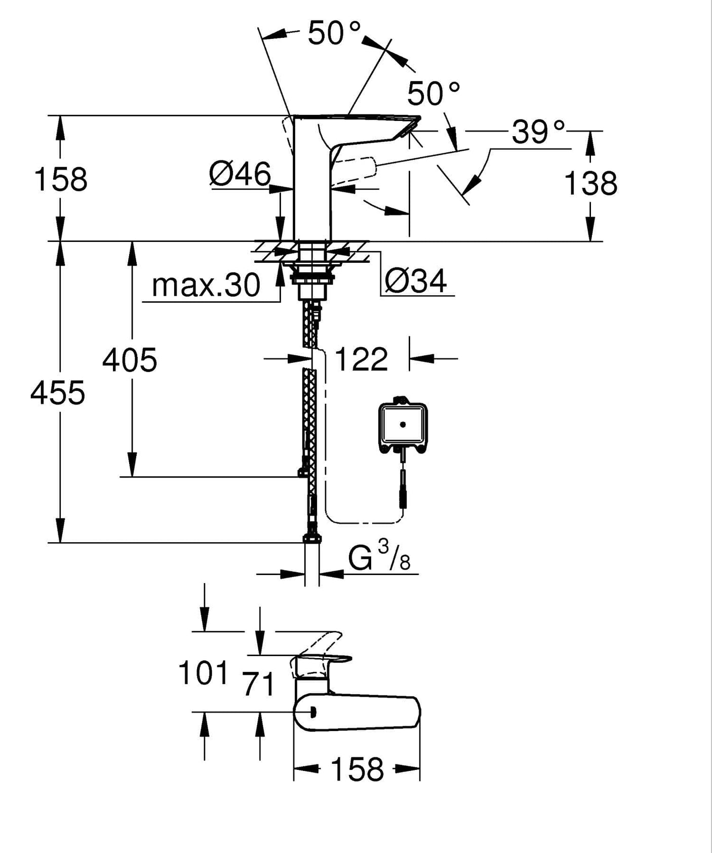 Grohe Baterie lavoar cu senzor infrarosu Grohe, Eurosmart OHM sensor basin 6V, hibrida, alimentare 6V, optiune operare manuala, mixare apa, cartus ceramic, program dezinfectie, crom