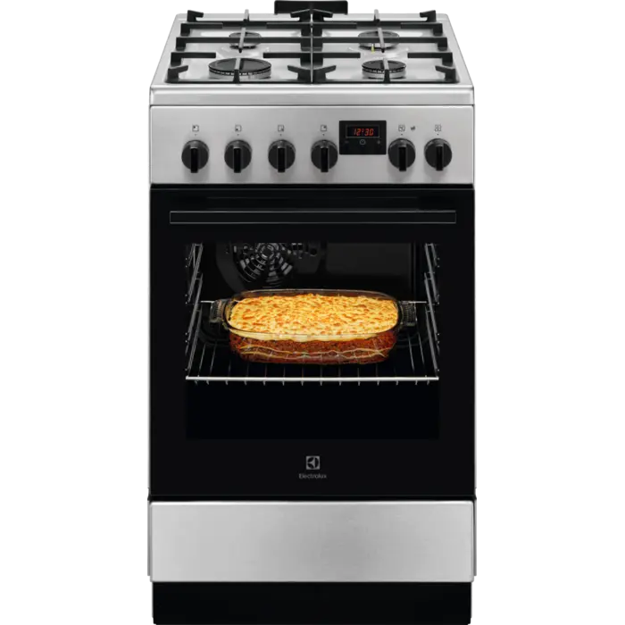 Electrolux Aragaz Electrolux, Mixt, 4 arzatoare gaz, Gratare de fonta, Cuptor electric, Timer electronic, Grill electric, Clasa A, 50cm, culoare inox