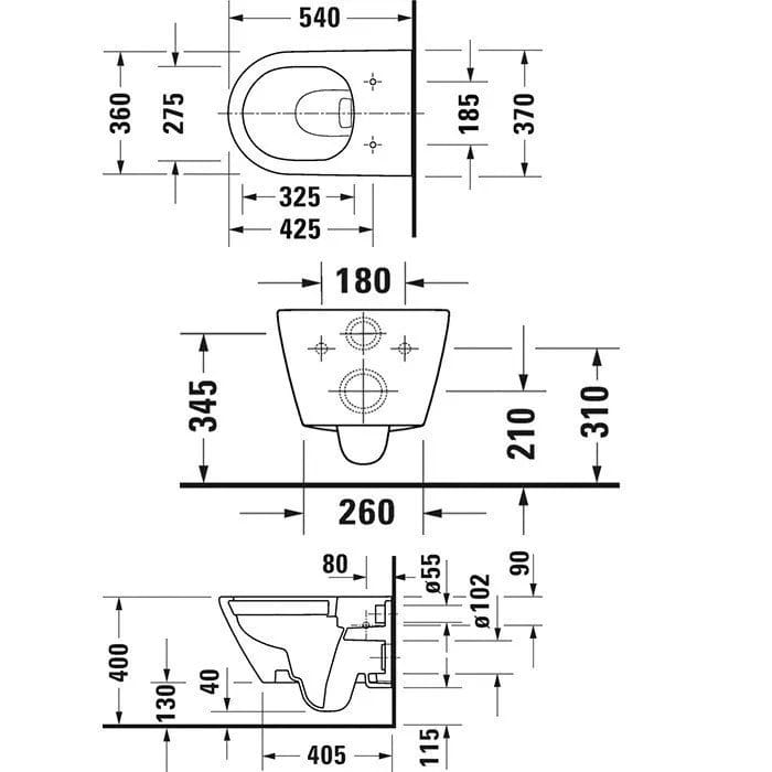 Duravit Vas wc Duravit, Toilet WM 540 mm D-Neo anthracite matt,wd,riml.,D-fix incl, washdown, rimless, Durafix incl., suspendat, evacuare orizontala, fara capac 0021691394), antracit mat