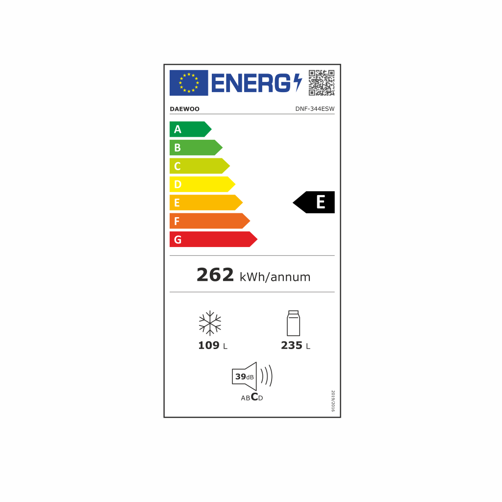 Combina frigorifica Total No Frost Daewoo, volum net 344 (235+109) litri , clasa E, Inverter display pe usa, Alb