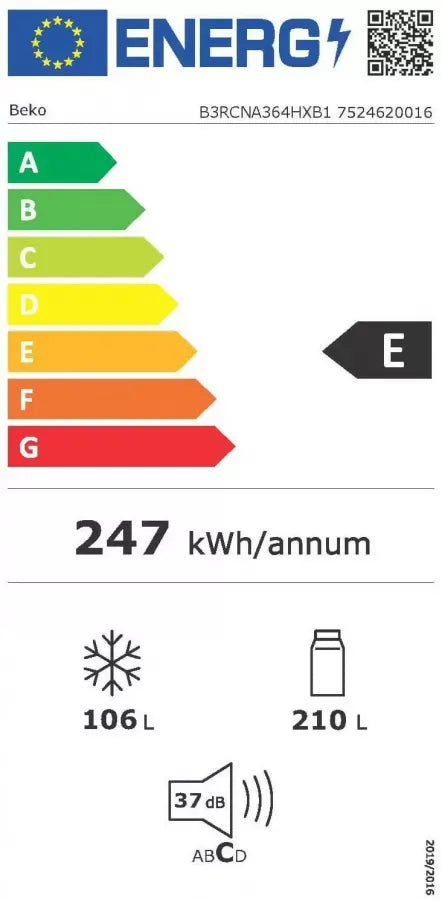 Beko Combina frigorifica Combina frigorifica Beko B3RCNA364HXB1 | 367L, AeroFlow, HarvestFresh, E, Metal Look, 59.5x66.3x186.5cm