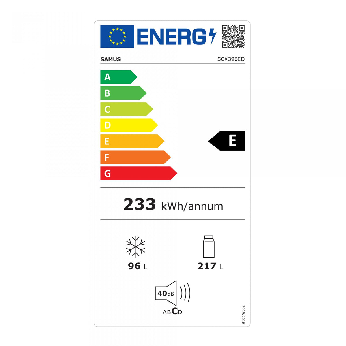 Combina Frigorifica Samus SCX396ED | 313L, Clasa E, H 186cm, Inox - Etichetă energetică
