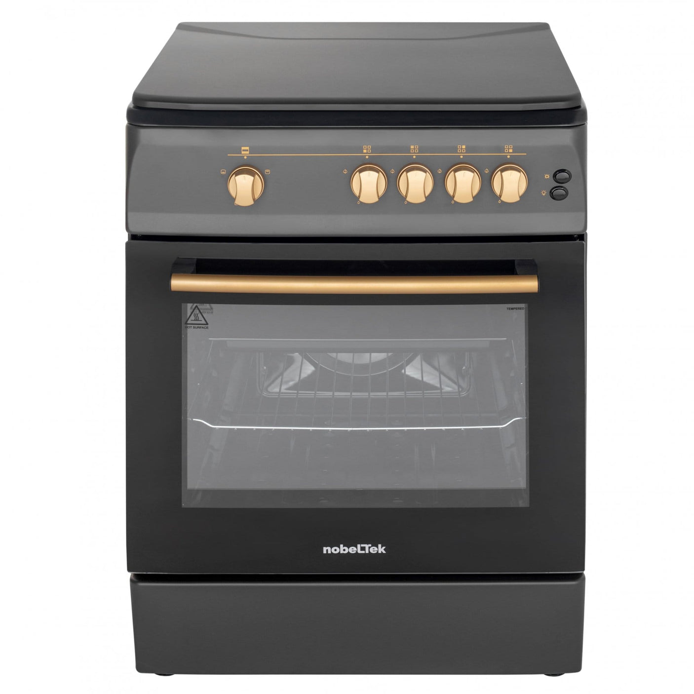 NobeLTek Cooking Aragaz Nobeltek, 60x60, plita si cuptor gaz, grill, aprindere electrica, iluminare cuptor, gratare din fonta, echipat cu diuze GPL, diuze GN de schimb, capac tabla, negru mat