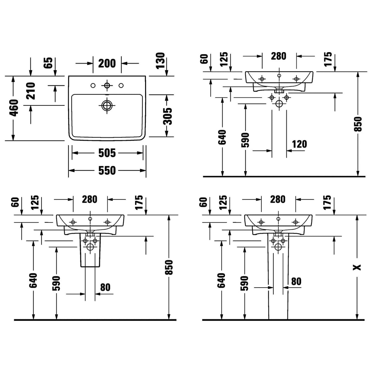 Duravit Lavoar Duravit, WB/FWB 550 mm Duravit No.1 white, w.OF,W.TP,1 TH,underneath glazed, montare pe perete, cu preaplin, gaura pt baterie, smalt pe interior, alb