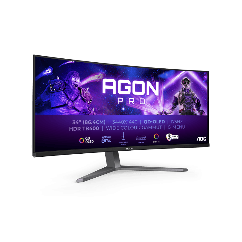 AOC Monitor Aoc 34" AG346UCD, Curvature: 1800R, Diagonal (inch): 34, Diagonal (cm): 86, Aspect ratio: 21:9, Panel: QD-OLED, Resolution: 3440x1440, Refresh Rate: 175Hz, Response time GtG: 0.03ms, Brightnes