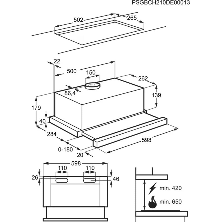 Hota telescopica incorporabila Electrolux, Putere de absorbtie 410 mc/h, 1 motor, 60 cm, Inox