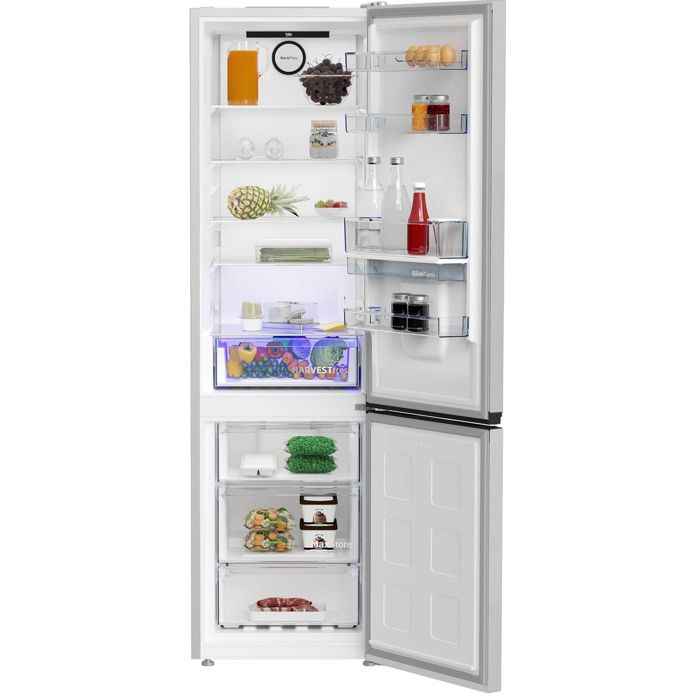 BEKO Combina frigorifica Beko, 355l, Clasa D, NoFrost, Compresor ProSmart Inverter, dozator apa, AeroFlow, HarvestFresh, display, H 203.9, Marble (Glossy Grey)