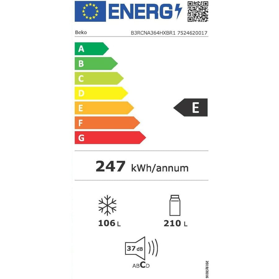 Beko Combina frigorifica Combina frigorifica Beko B3RCNA364HXBR1 | 367L, Clasa E, AeroFlow, HarvestFresh, Dark Inox, 59.5x66.3x186.5cm