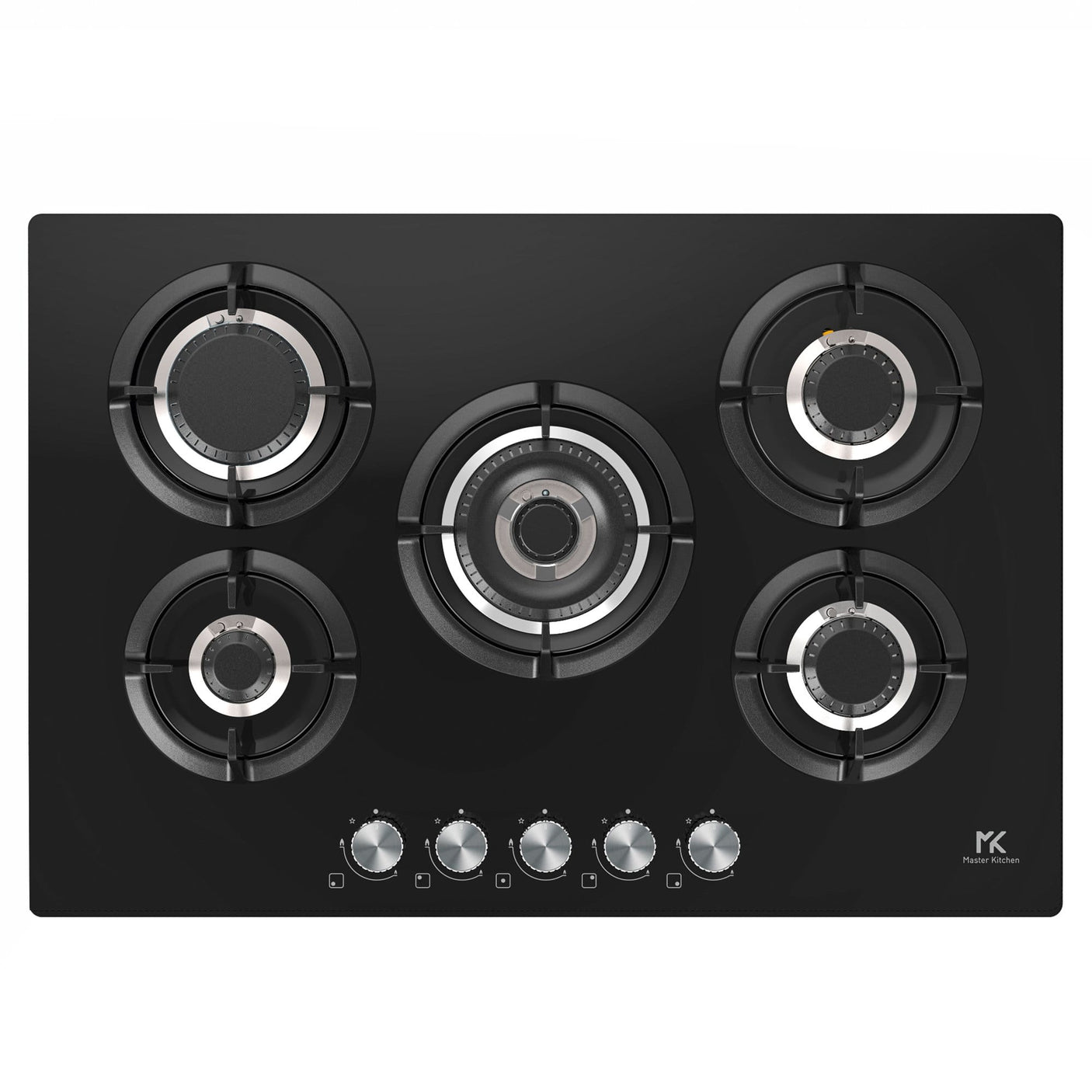 Master Kitchen Plita gaz Master Kitchen, gama Edge, design sticla neagra, 75 cm, 5 arzatoare plate, gratare fonta, arzator coroana tripla, aprindere integrata, sistem siguranta