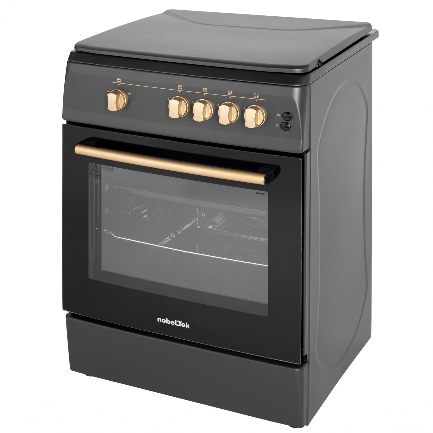 NobeLTek Cooking Aragaz Nobeltek, 60x60, plita si cuptor gaz, grill, aprindere electrica, iluminare cuptor, gratare din fonta, echipat cu diuze GPL, diuze GN de schimb, capac tabla, negru mat