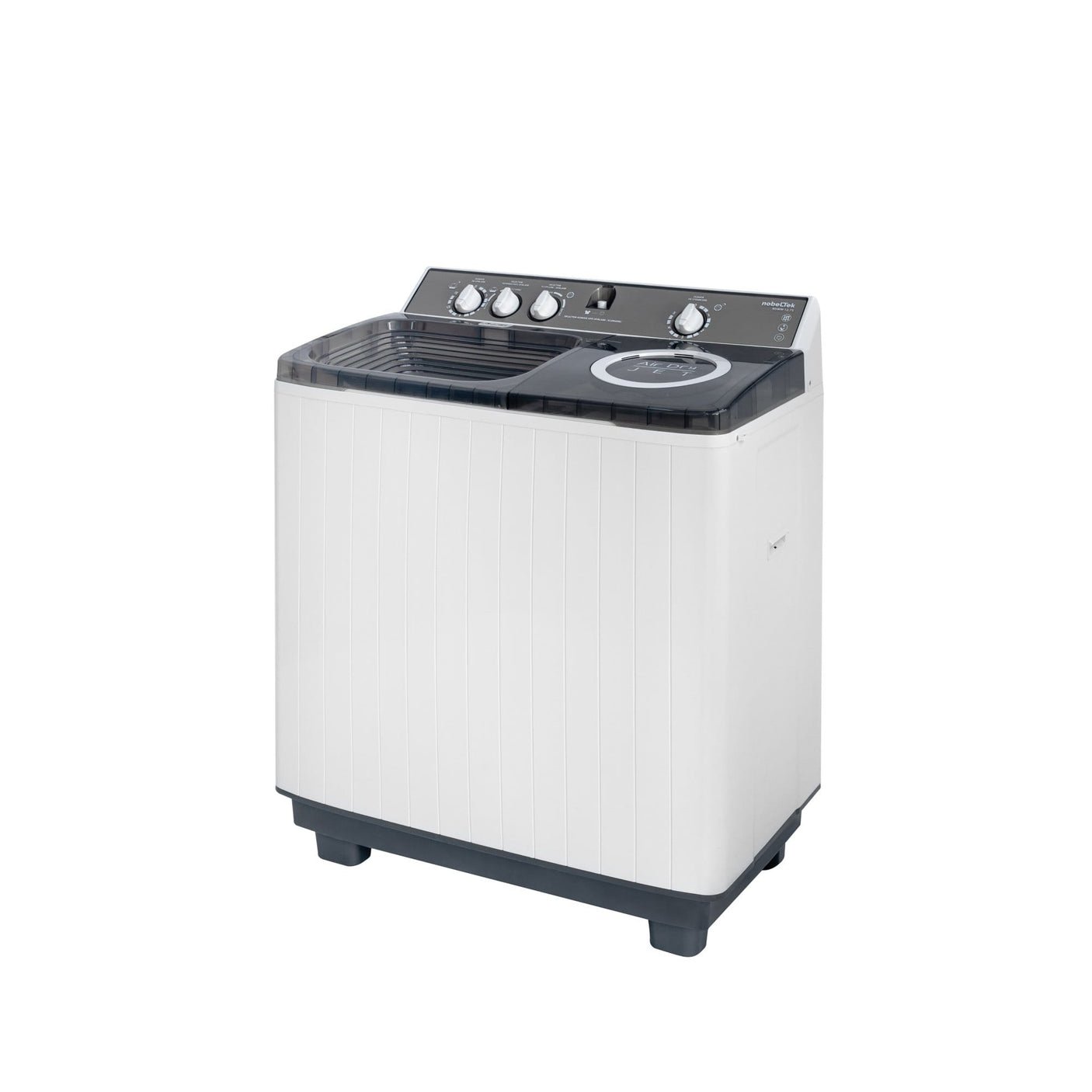 NobeLTek Mașină de spălat rufe semi-automată Nobeltek 12 kg, stoarcere 7 kg, 450W/195W, temporizator 0–15/0–5 min, evacuare gravitațională, Alb/Silver
