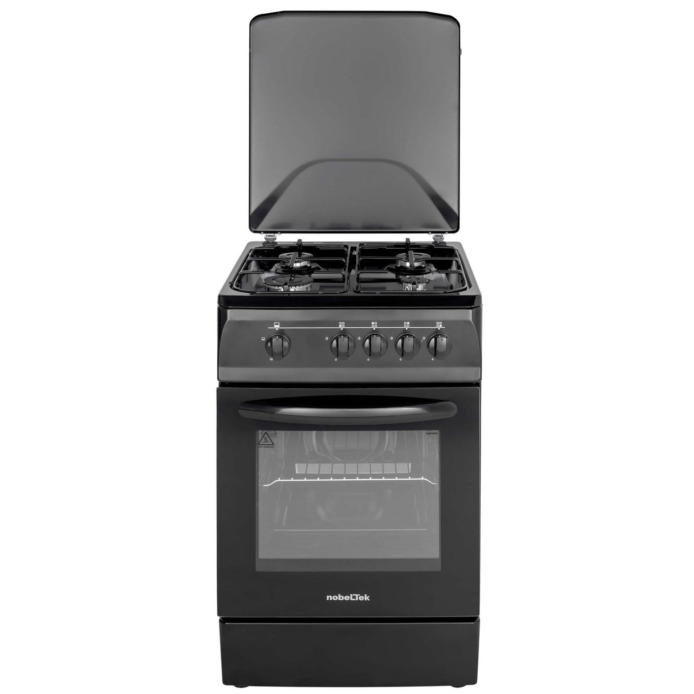 NobeLTek Cooking Aragaz Nobeltek, 50x60, plita si cuptor pe gaz, siguranta plita si cuptor, echipat cu diuze GPL, diuze GN de schimb, capac tabla, negru