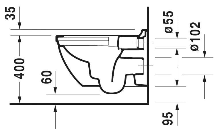 Duravit Vas wc Duravit, Toilet wall mounted 54 cm Starck 3 white, washdown, Durafix, rimless, suspendat, evacuare orizontala, fara capac (0063810000, 0063890000), alb