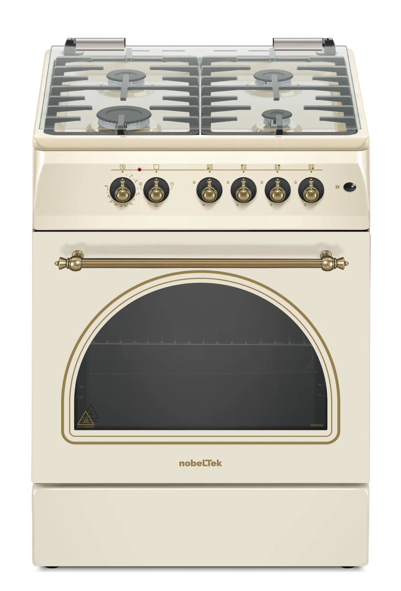 NobeLTek Cooking Aragaz rustic Nobeltek, 60x60, plita gaz, cuptor electric, aprindere electrica, iluminare cuptor, gratare fonta, echipat cu diuze GPL, diuze GN de schimb, bej