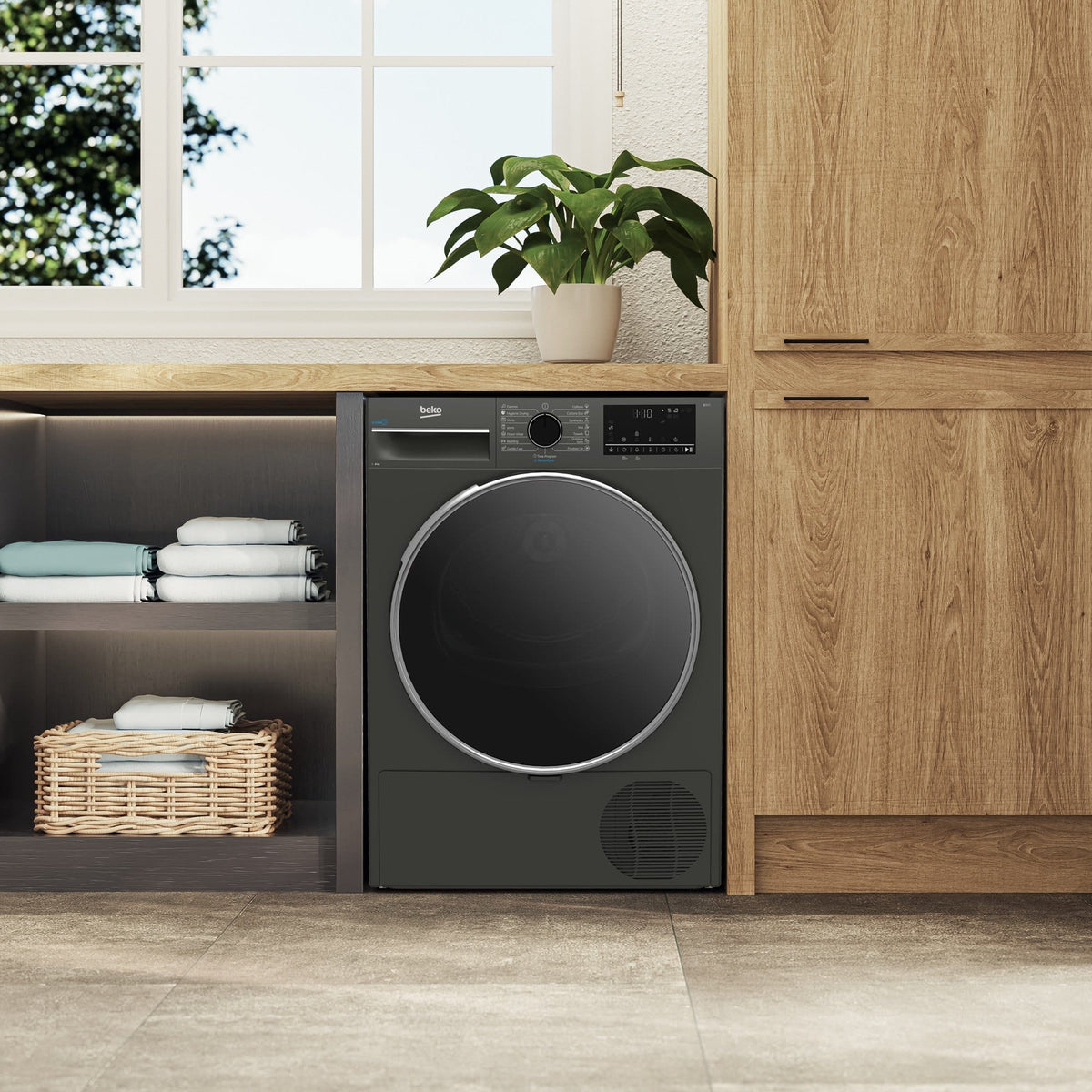 Beko Uscator de rufe Uscator de rufe Beko B3T68239MGEU | 8kg, Pompa de caldura, Clasa D, SteamCure, Manhattan Grey