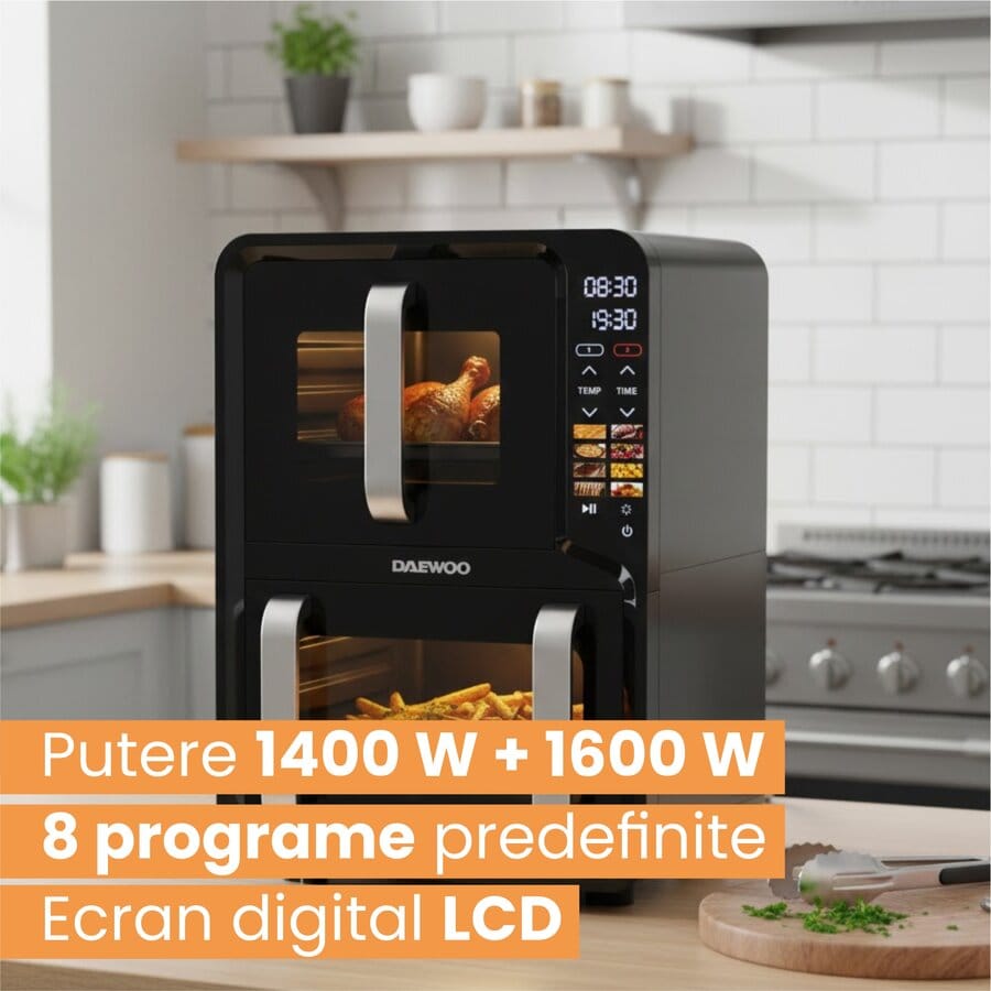 Daewoo Air Fryer Friteuza Dubla Daewoo DAF2X1100UDB | 5L + 7L, 1400W + 1600W, 8 Programe