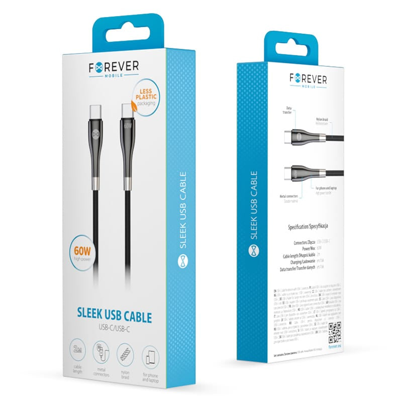Forever Cablu USB-C Cablu USB-C Forever GSM180338 | 2m, 60W, Negru