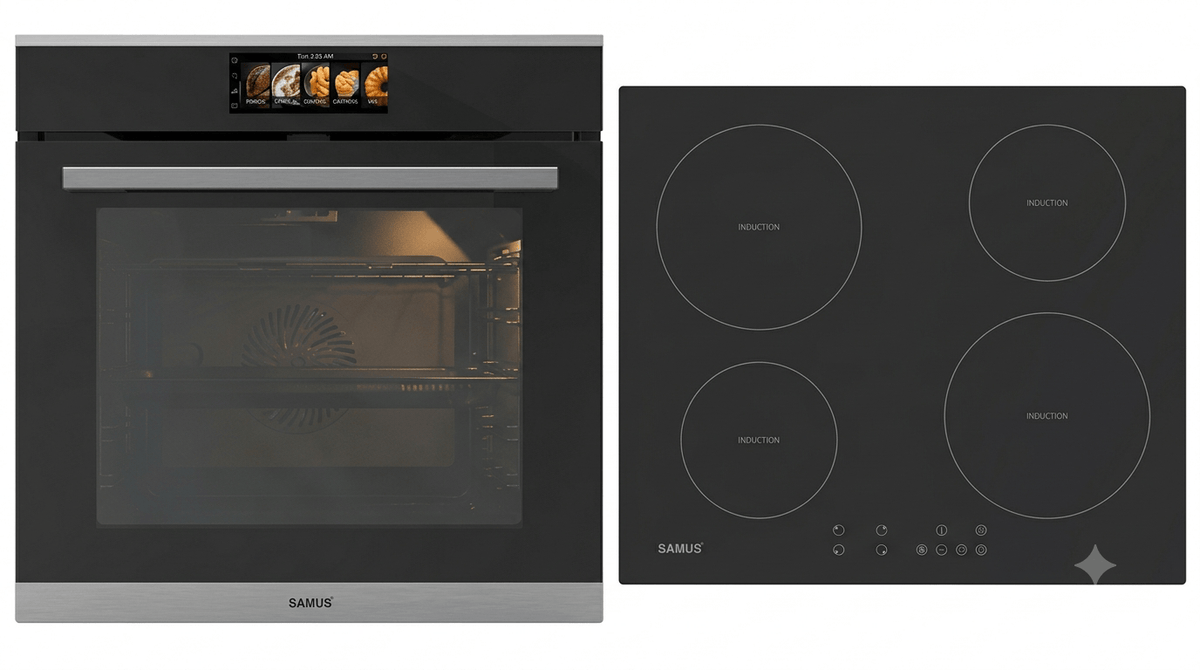Samus Pachet built in Pachet Built-in Samus PACHET SAMUS-ONL54 | Cuptor SC634GDT15H, 74L, Clasa A+, autocuratare catalitica + Plita incorporabila inductie PSI-64BMG10, 4 zone gatit, sticla ceramica, 7000W, negru mat