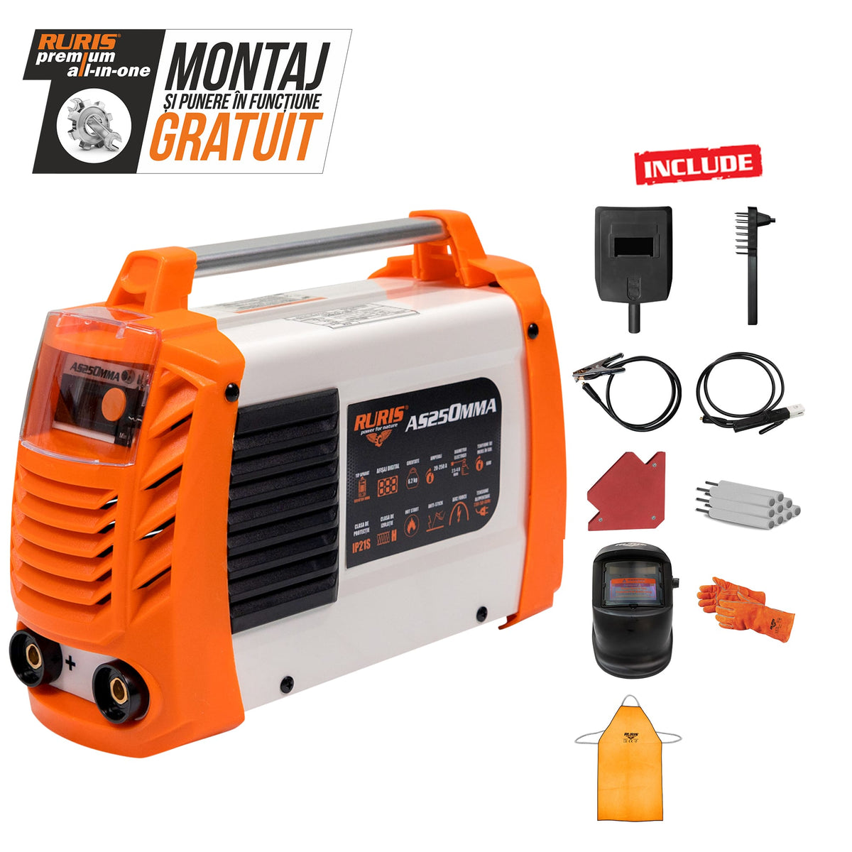 Ruris Aparat de sudura Aparat de sudura RURIS AS250MMA | Reglare curent de sudură 20-250A, Tip aparat Invertor MMA, 230V