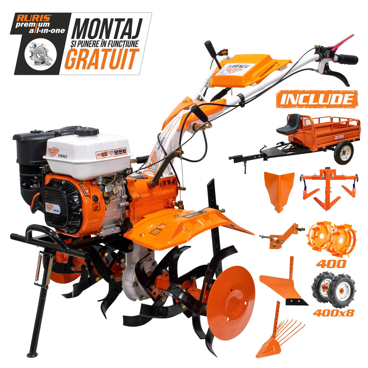 Ruris Motosapa Motosapatoare RURIS 731ACC3 + roti cauciuc 5.00-8 + rarita + plug + adaptor + dispozitiv scos cartofi + roti metalice 400 fara manicot + cultivator + remorca ruris 550s