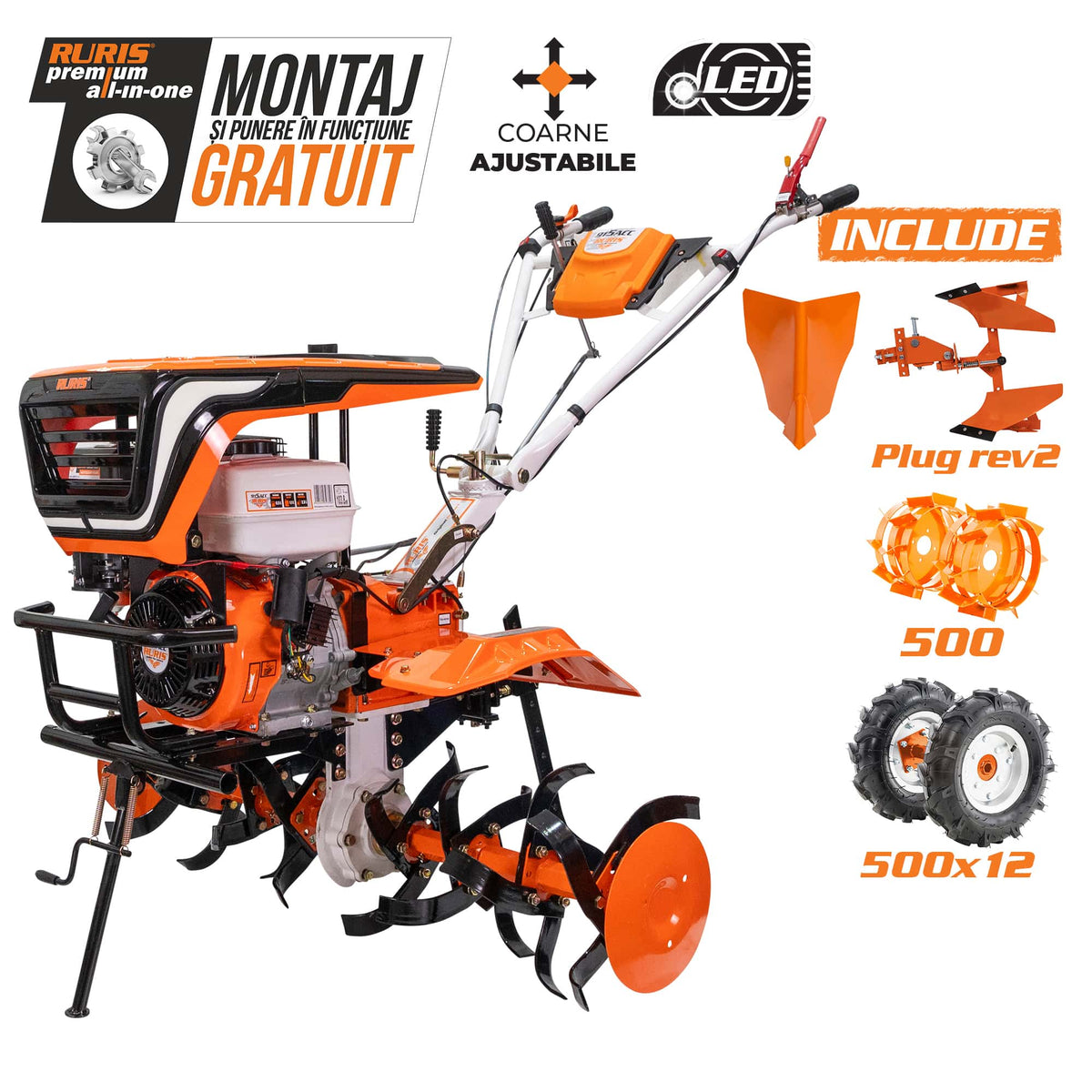 Ruris Motosapa Motosapatoare RURIS 915ACC + roti cauciuc 5.00-12 + rarita + plug reversibil rev2 + roti metalice 500 | 15 CP