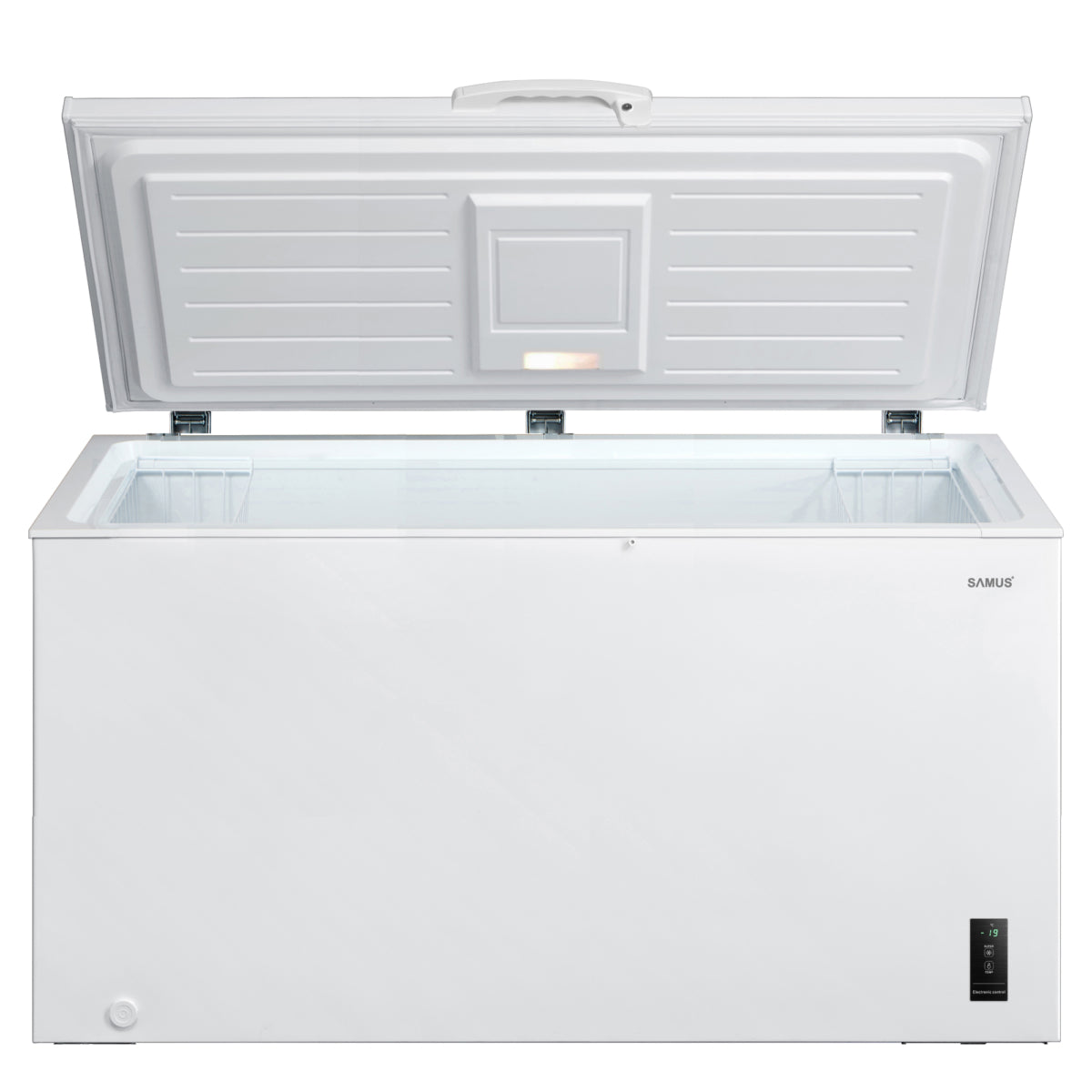 Ladă frigorifică Samus LS446E - Capacitate neta 418 litri, clasa energetica E, capacitate de congelare 19kg/24h, consum energetic 269kWH/an, termostat reglabil, interior aluminiu, panou de control electronic cu leduri, Fast Freeze, dezghetare manuala, te