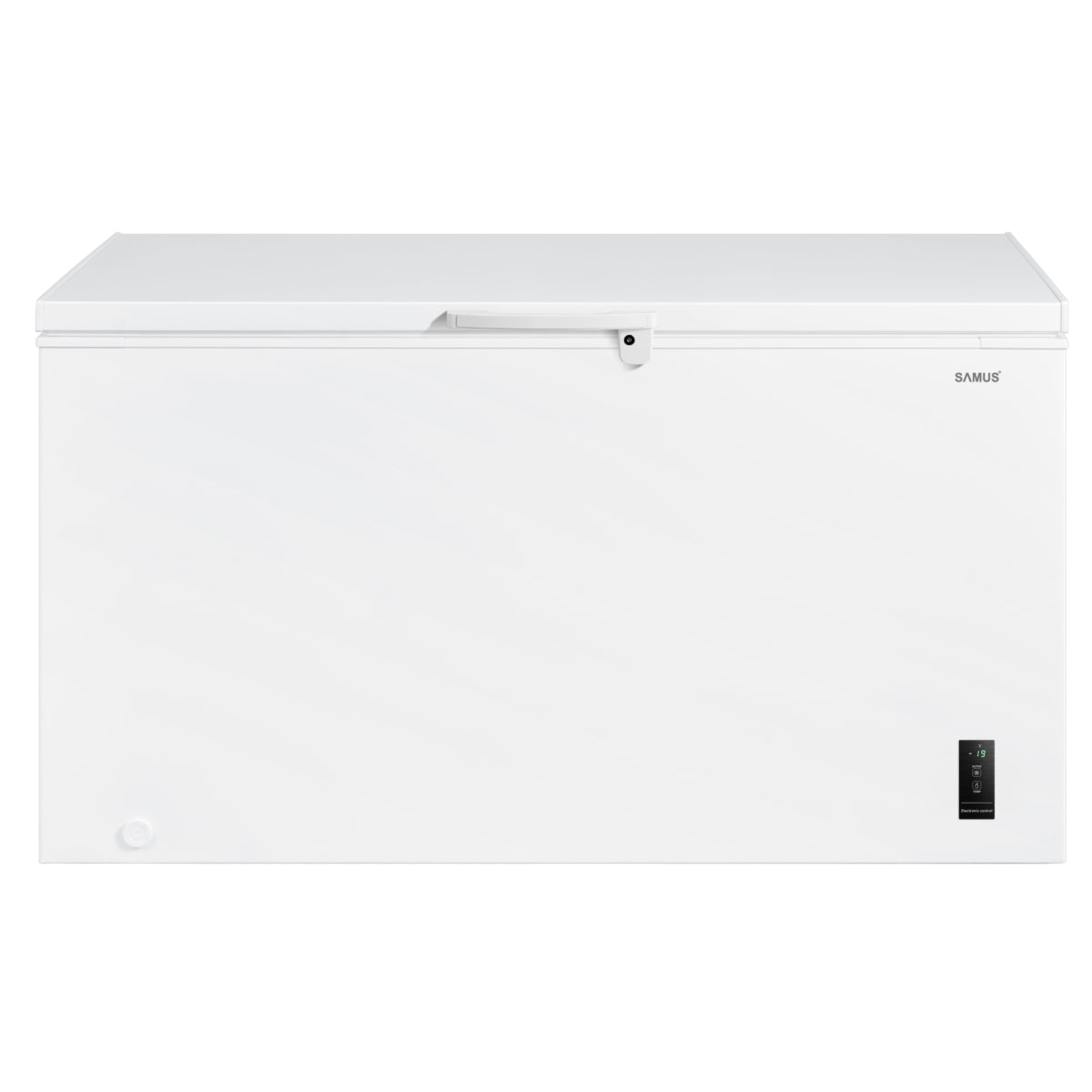 Ladă frigorifică Samus LS446E - Capacitate neta 418 litri, clasa energetica E, capacitate de congelare 19kg/24h, consum energetic 269kWH/an, termostat reglabil, interior aluminiu, panou de control electronic cu leduri, Fast Freeze, dezghetare manuala, te