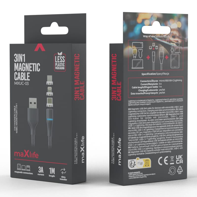 Maxlife Cablu USB Cablu Magnetic Maxlife OEM001960 | 3in1 USB-C/Lightning/Micro USB, 1m, 3A, Negru